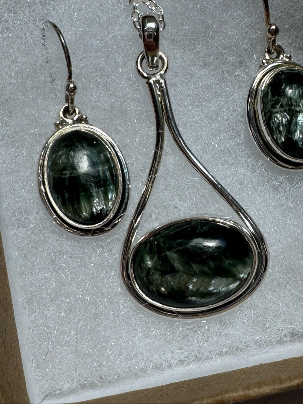 Sterling Silver Green Seraphinite Pendant & Earring Oval Necklace Heart chakra - Picture 2 of 16